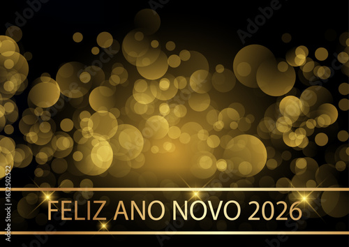 cartão ou banner para desejar um feliz ano novo 2026 em dourado sobre fundo preto com círculos dourados em efeito bokeh