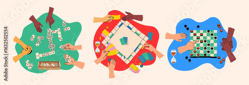 Creative board game hobbies. Human arms actively playing a tabletop game. Game elements like dice, cards, and pawns. Fun social activity. Vector illustration