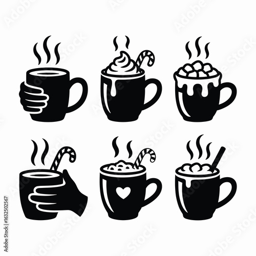 Six Black Silhouette Hot Drinks with Winter and Heart Designs