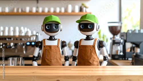 Cute robot baristas with green caps and aprons in a coffee shop