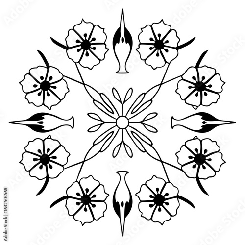 Elegant floral mandala isolated on white background, featuring a symmetrical arrangement of flowers and vases in a vintage, decorative style