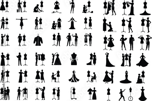 Fashion Designer with Mannequin Silhouette Icon Set – Creative Style Art Clothing Design Silhouette Icon Set – Tailor & Fashion Studio


