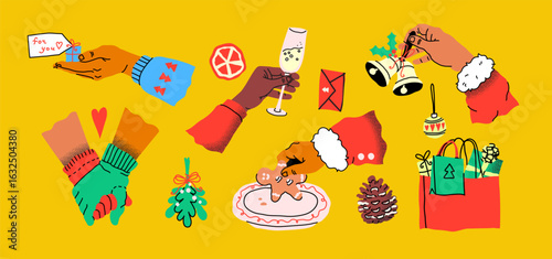 Hands with holiday preparations. Creative festive activities. Human arms actively wrapping gifts and decorating. Seasonal items like gingerbread and greeting cards. Handmade DIY holiday joy.