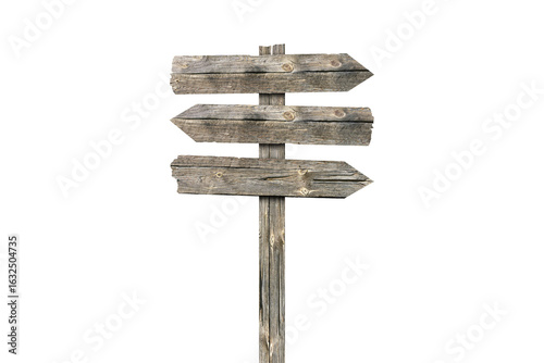 Blank wooden direction sign isolated graphic illustrated. Vintage cut timber signboard on wooden pole for information or advertising message.