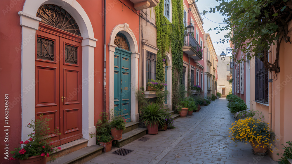 Fototapeta premium Picturesque european street scene featuring colorful doors, windows, and lush greenery adorning a rustic building with a cobblestone street in a charming town