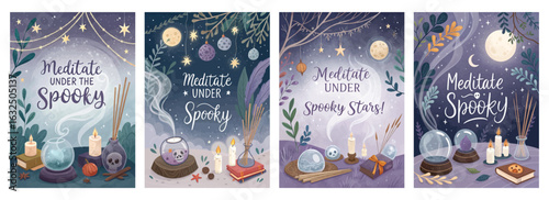 Set of four posters featuring meditation themes with candles crystals and soothing night scenes