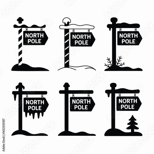 Six North Pole signpost silhouettes with winter details