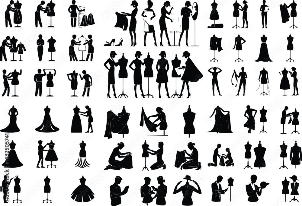 Fototapeta premium Fashion Designer with Mannequin Silhouette Icon Set – Creative Style Art Clothing Design Silhouette Icon Set – Tailor & Fashion Studio