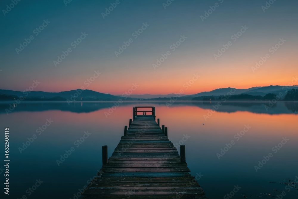 Obraz premium Peaceful sunrise over a still lake with a wooden dock