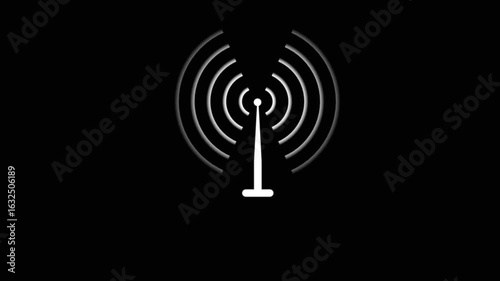 Digital white color Radio station signal tower icon. Internet network net connection icon logo. network tower produced radio wave concept , data transfer from tower concept on black background. 