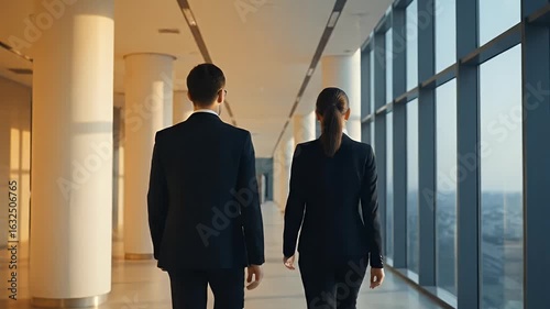 Determined Business Professionals Walk Through a Bright Modern Office Hallway Man and Woman in Suits Confidently Moving Towards Success in a High-Rise Building