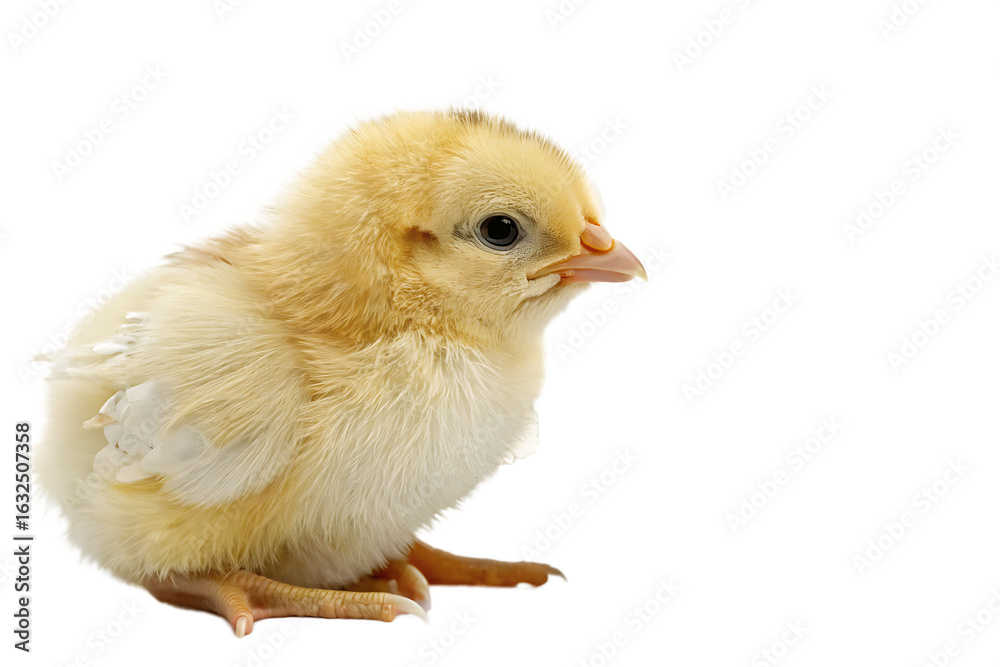 Obraz premium adorable baby chick emerging from a cracked white egg, fluffy yellow newborn chicken hatching, cute farm animal portrait on AI generated by PNG