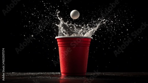 A ping pong ball falling into a red cup with water splashing around it