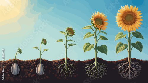 Sunflower Life Cycle Illustration – From Seed to Bloom with Root Growth Stages.