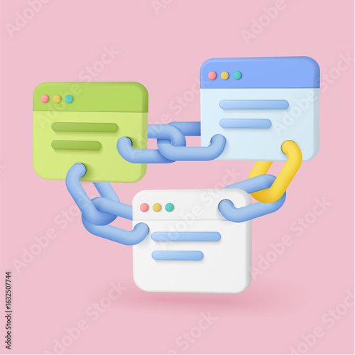 Colorful 3d style browser windows connected by chain links visualizing backlinks seo website authority and digital marketing on pink background vector illustration