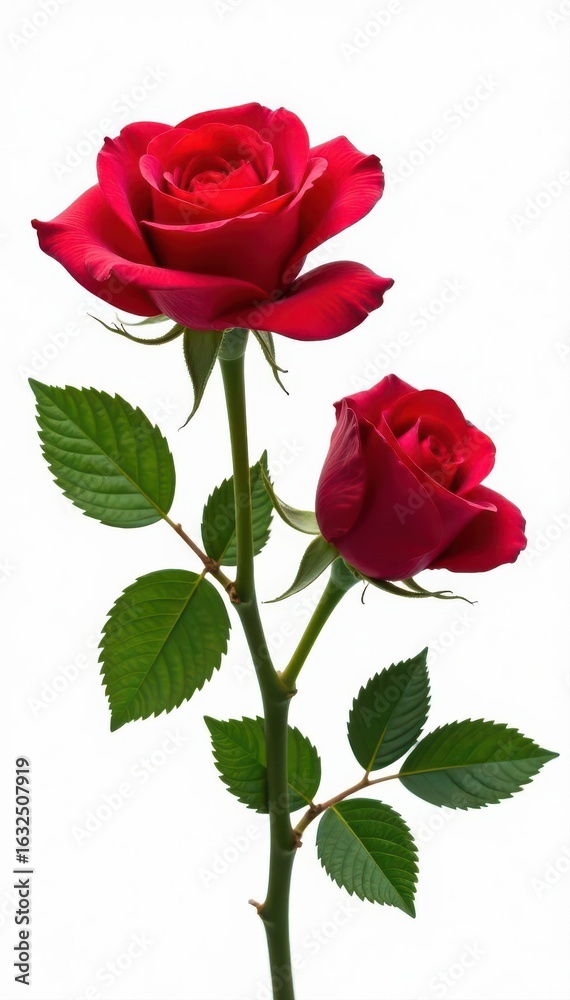 Fototapeta premium Pair of scarlet roses with foliage, cleanly cut out on white , red rose, background, scarlet