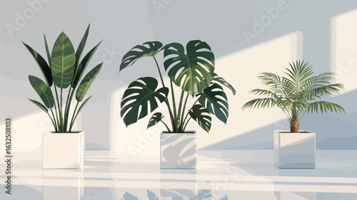 Modern Indoor Plant Decor – 3 Stylish Potted Houseplants in Minimalist White Planters.