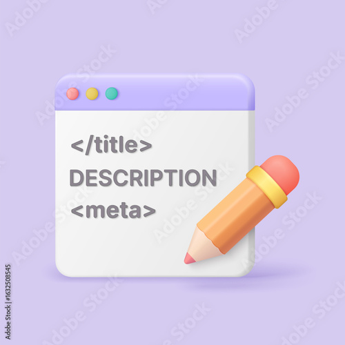 Creative 3D browser window with meta tags, title, and description elements, featuring a pencil for web development, SEO, and digital content design vector illustration