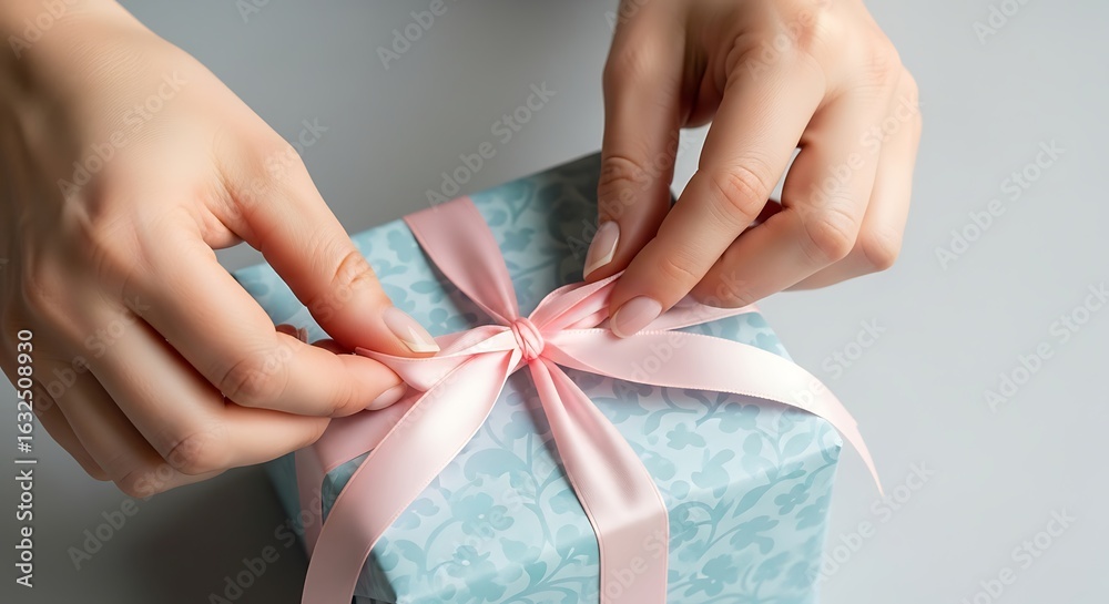 A person's hands carefully tying a pink ribbon bow on a wrapped gift box. A person's hands carefully tying a pink ribbon bow on a wrapped gift box.