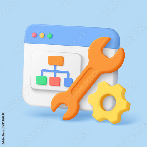 3d style browser window with sitemap diagram wrench and gear symbolizing technical seo optimization and website structure on isolated blue background vector illustration