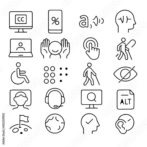 A collection of accessibility icons, thoughtfully designed to represent various aspects of inclusivity and support for diverse needs. The simple black and white line art conveys a clear message.