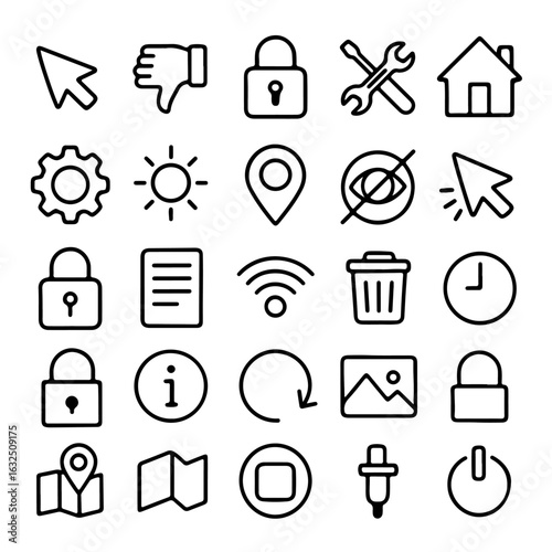 A collection of simple and clear, vector-based icons, featuring essential symbols for digital interface design or graphic resources. 