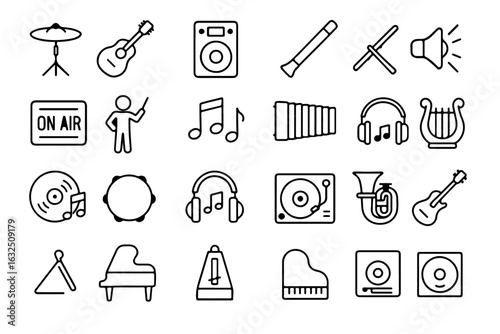 A collection of musical instruments arranged in a simple black and white line-art illustration, a versatile graphic resource for music enthusiasts, teachers, and designers.