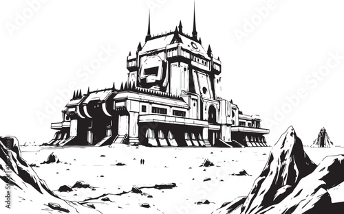 A powerful defensive fortress. The illustration expresses power and steadfastness. Hand drawn vector illustration