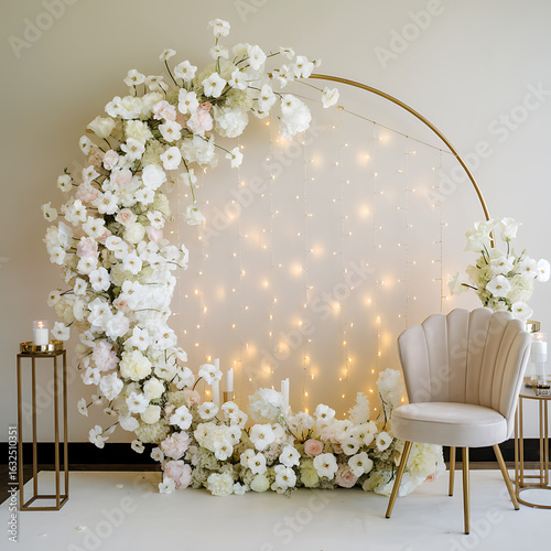Elegant white floral backdrop with golden accents for a chic wedding or event photo
