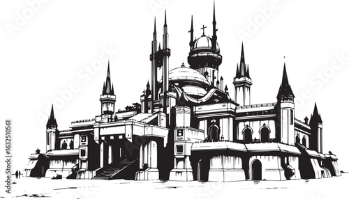 A powerful defensive fortress. The illustration expresses power and steadfastness. Hand drawn vector illustration