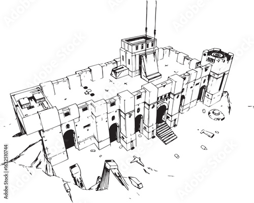 A powerful defensive fortress. The illustration expresses power and steadfastness. Hand drawn vector illustration