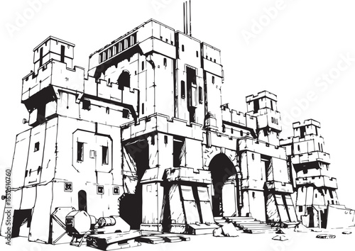 A powerful defensive fortress. The illustration expresses power and steadfastness. Hand drawn vector illustration