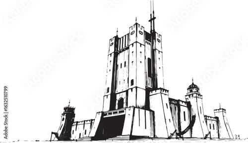 A powerful defensive fortress. The illustration expresses power and steadfastness. Hand drawn vector illustration