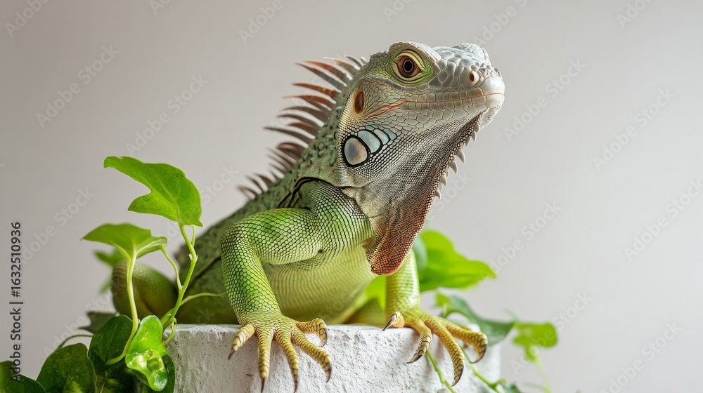 Fototapeta premium Iguana on a neutral pedestal, peaceful expression, cruelty-free product symbol, generative ai