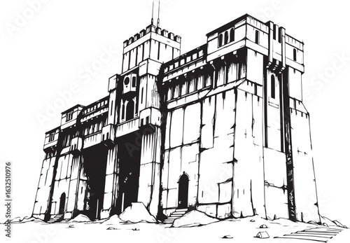A powerful defensive fortress. The illustration expresses power and steadfastness. Hand drawn vector illustration