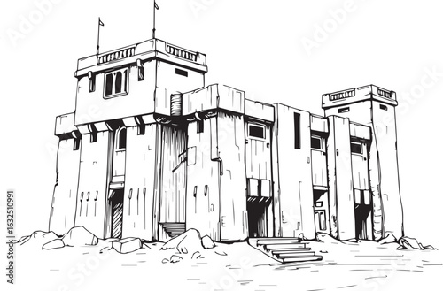 A powerful defensive fortress. The illustration expresses power and steadfastness. Hand drawn vector illustration