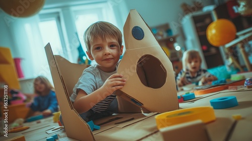 Kids are engaged in creative play, building and exploring cardboard designs in a bright room