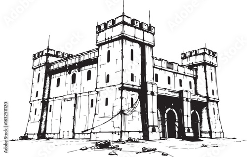 A powerful defensive fortress. The illustration expresses power and steadfastness. Hand drawn vector illustration