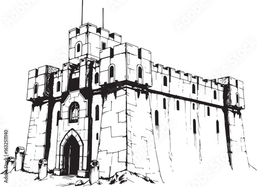 A powerful defensive fortress. The illustration expresses power and steadfastness. Hand drawn vector illustration