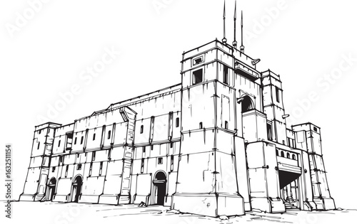 A powerful defensive fortress. The illustration expresses power and steadfastness. Hand drawn vector illustration