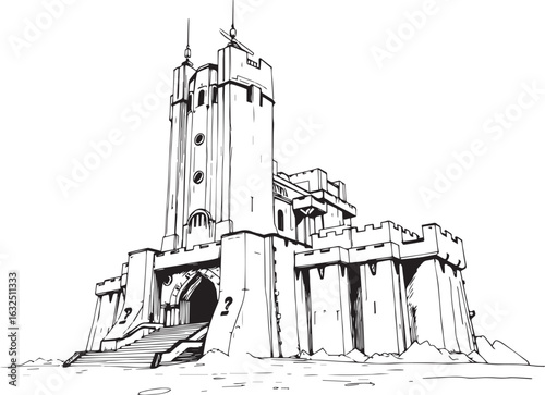 A powerful defensive fortress. The illustration expresses power and steadfastness. Hand drawn vector illustration