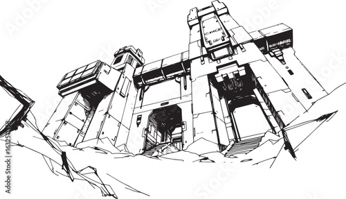 A powerful defensive fortress. The illustration expresses power and steadfastness. Hand drawn vector illustration