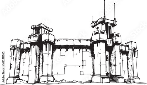 A powerful defensive fortress. The illustration expresses power and steadfastness. Hand drawn vector illustration
