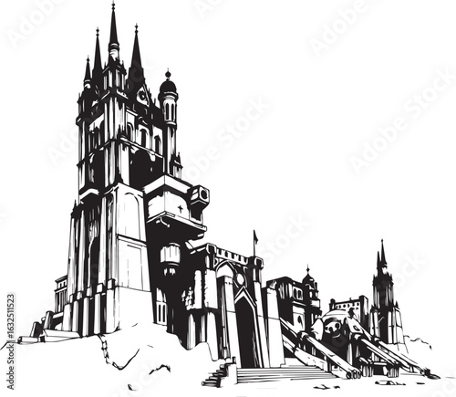 A powerful defensive fortress. The illustration expresses power and steadfastness. Hand drawn vector illustration