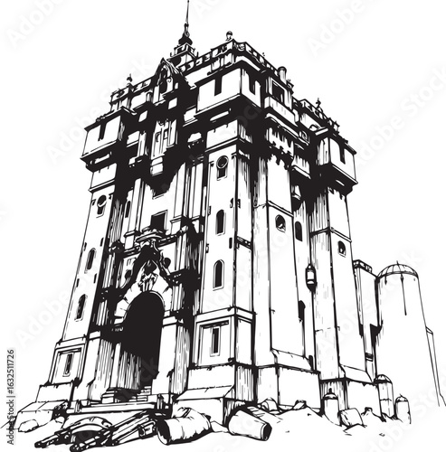 A powerful defensive fortress. The illustration expresses power and steadfastness. Hand drawn vector illustration