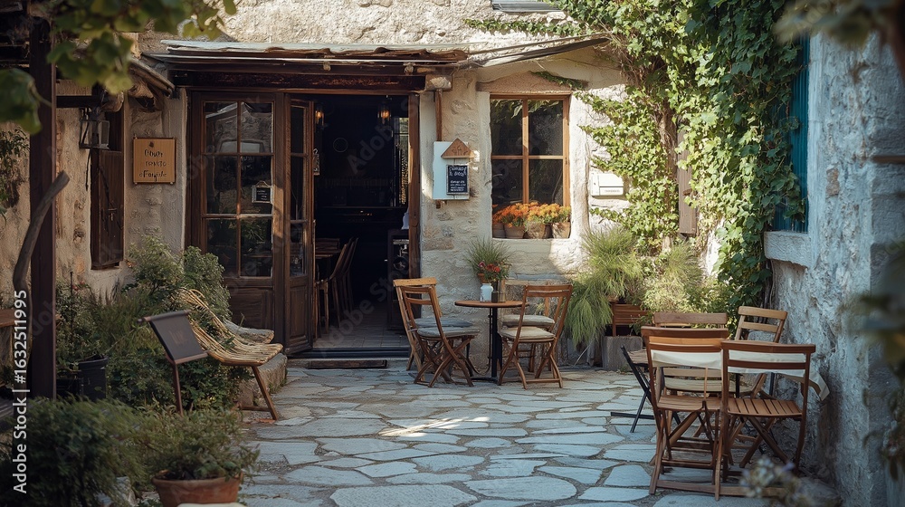 Fototapeta premium A cozy outdoor space with wooden chairs and tables surrounded by lush plants invites relaxation