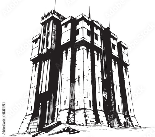 A powerful defensive fortress. The illustration expresses power and steadfastness. Hand drawn vector illustration