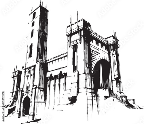 A powerful defensive fortress. The illustration expresses power and steadfastness. Hand drawn vector illustration