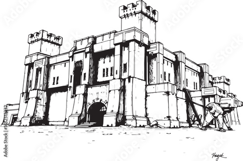 A powerful defensive fortress. The illustration expresses power and steadfastness. Hand drawn vector illustration