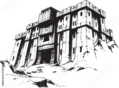 A powerful defensive fortress. The illustration expresses power and steadfastness. Hand drawn vector illustration